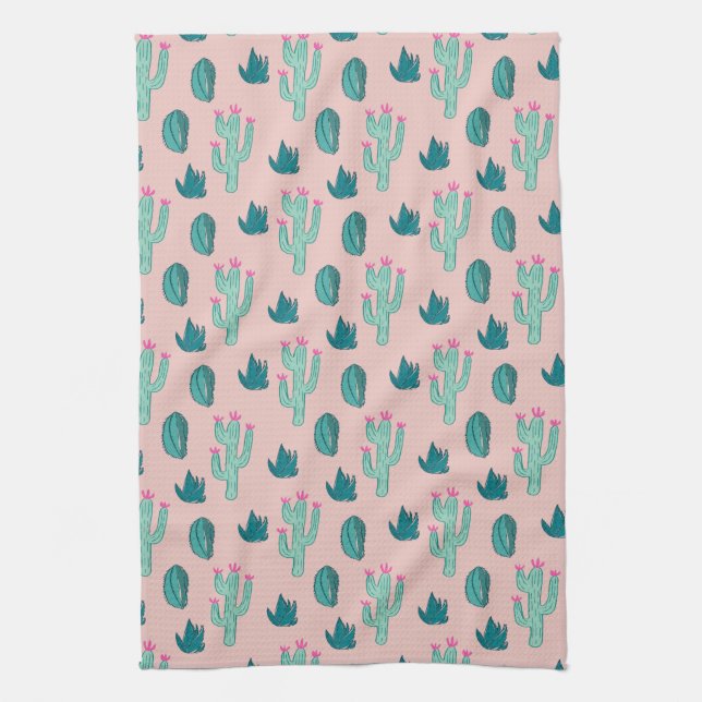 Cactus Pattern Pink and Green Kitchen Towel (Vertical)