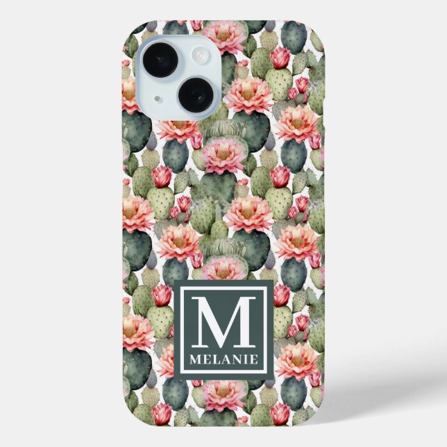 Cactus Pattern Pink Flowers Monogram Case-Mate iPhone Case (Back)