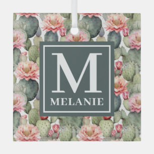 Cactus Pattern Pink Flowers Monogram Glass Ornament