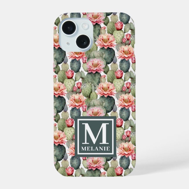 Cactus Pattern Pink Flowers Monogram iPhone 15 Case (Back)