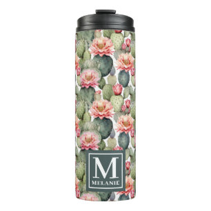 Cactus Pattern Pink Flowers Monogram Thermal Tumbler