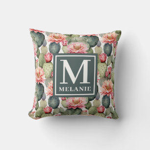 Cactus Pattern Pink Flowers Monogram Throw Pillow