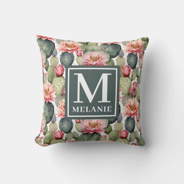 Cactus Pattern Pink Flowers Monogram Throw Pillow (Front)