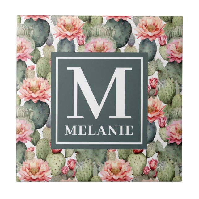Cactus Pattern Pink Flowers Monogram Tile (Front)