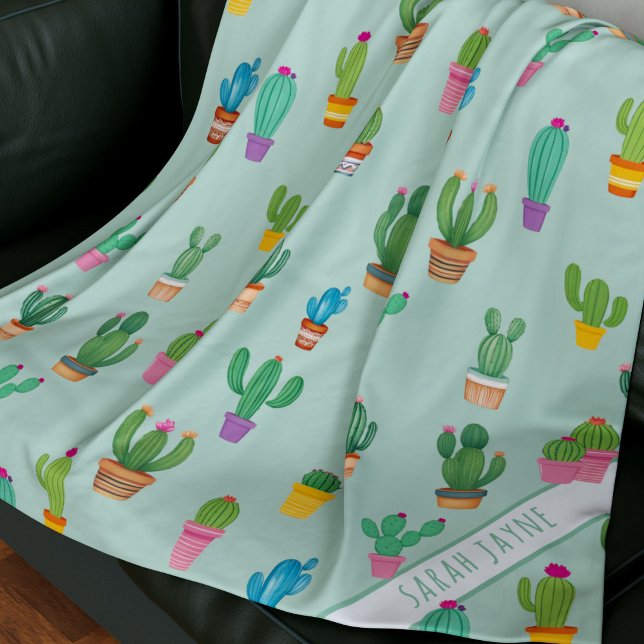 Cactus Pattern Plant Mom Name Green Fleece Blanket (A cute cactus pattern blanket with space for your Plant Mom's name)