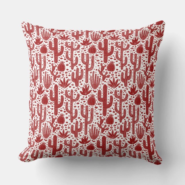 Cactus Pattern - Ruby Red and White Throw Pillow (Front)