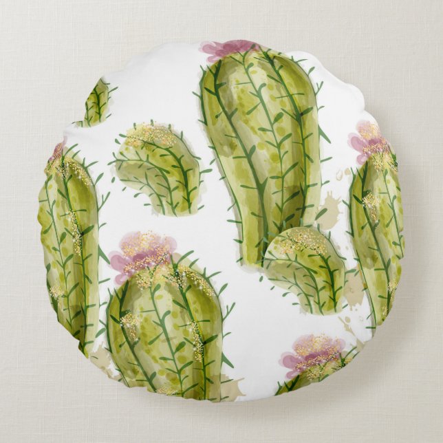 Cactus pattern watercolor round pillow (Front)