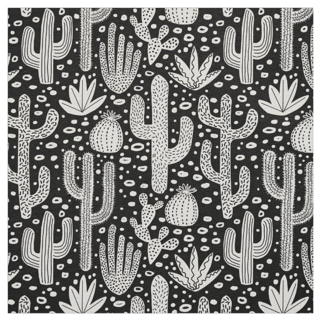 Cactus Pattern - White on Black Fabric (Swatch)