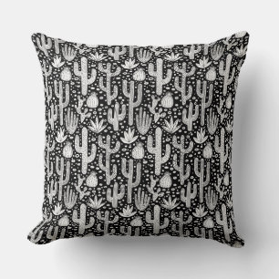 Cactus Pattern - White on Black Throw Pillow