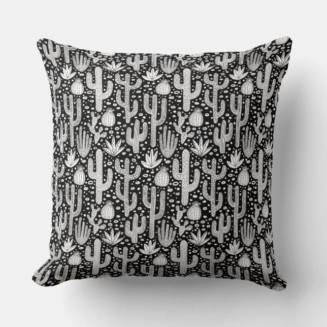Cactus Pattern - White on Black Throw Pillow (Front)