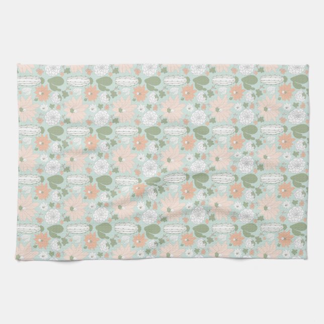 Cactus Pêcher Vert Blanc Floral Imprimer Serviette (Horizontal)