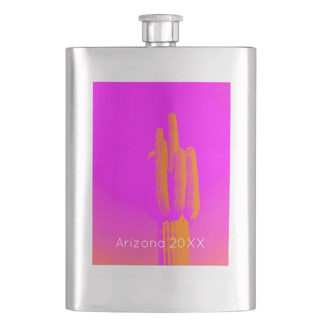 Cactus Photoart Pink Orange Custom Text Desert Hip Flask (Front)