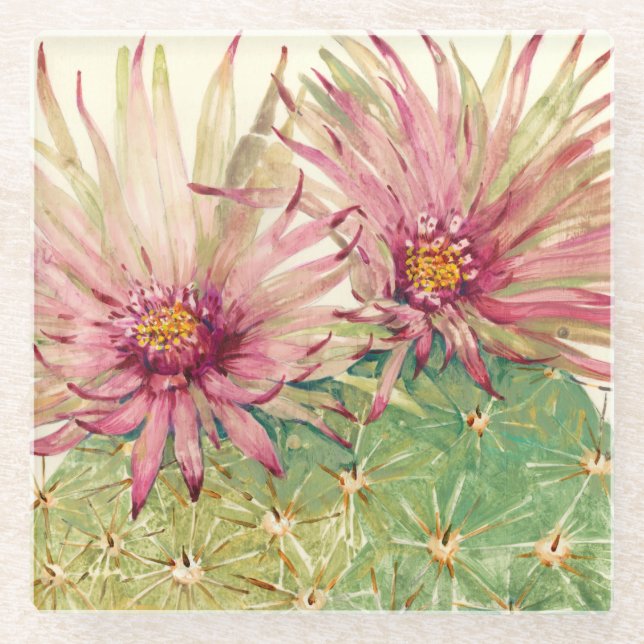Cactus Pink Blossoms Glass Coaster (Front)