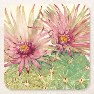 Cactus Pink Blossoms Square Paper Coaster