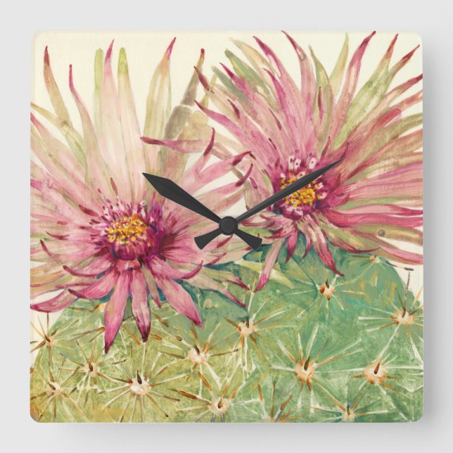 Cactus Pink Blossoms Square Wall Clock (Front)