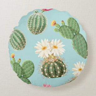 Cactus, pink flowers: light decor round pillow