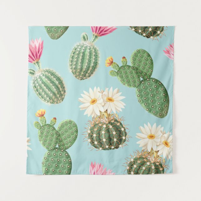 Cactus, pink flowers: light decor tapestry (Front)