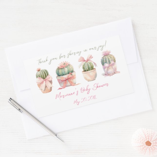 Cactus Pink Ribbon Baby Girl Shower Thank You Sticker (Envelope)