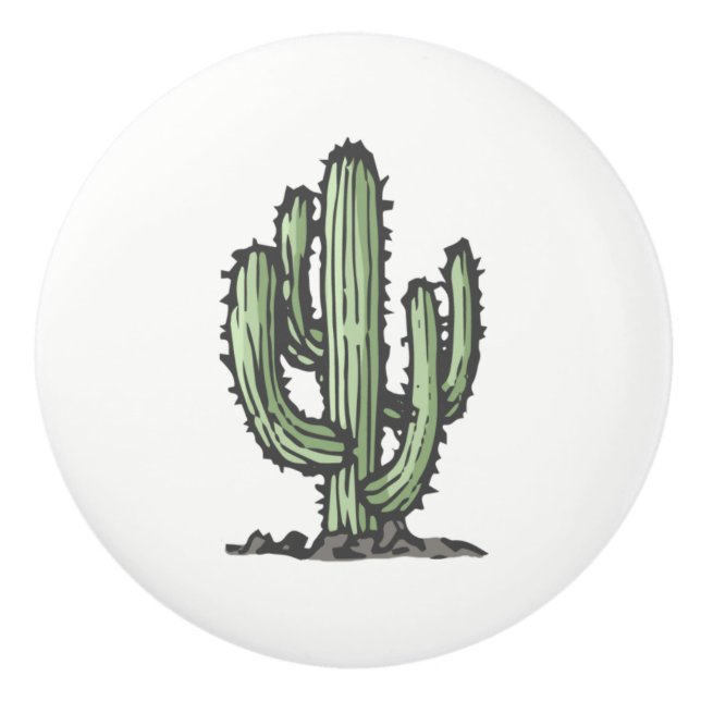 Cactus Plant Hand Drawn Illustration Ceramic Knob (Front)