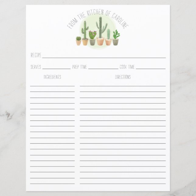Cactus Plantes Succulentes Cartes de Recette Class (Devant)