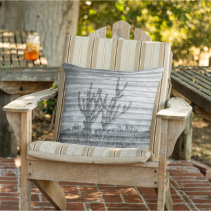 Cactus Plants On Wood Planks Black And White Photo Outdoor Pillow