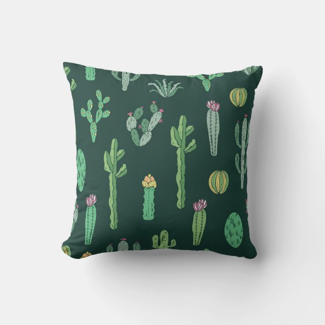 Cactus Plants: Vintage Seamless Background Throw Pillow (Front)