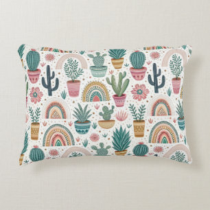 Cactus Pot with Plants, Flowers and Rainbows Accent Pillow