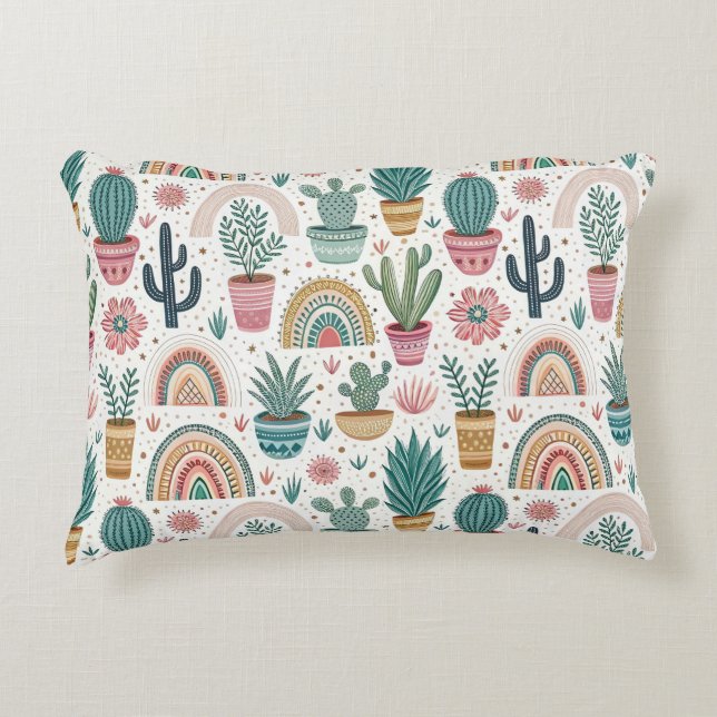 Cactus Pot with Plants, Flowers and Rainbows Accent Pillow (Front)
