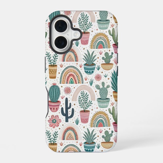 Cactus Pot with Plants, Flowers and Rainbows iPhone 16 Case (Back)