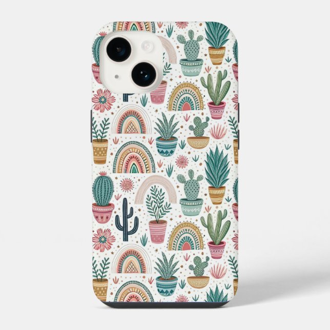 Cactus Pot with Plants, Flowers and Rainbows iPhone Case (Back)
