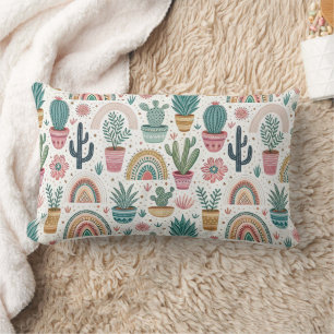 Cactus Pot with Plants, Flowers and Rainbows Lumbar Pillow