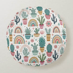 Cactus Pot with Plants, Flowers and Rainbows Round Pillow