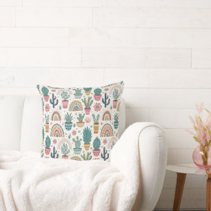Cactus Pot with Plants, Flowers and Rainbows Throw Pillow