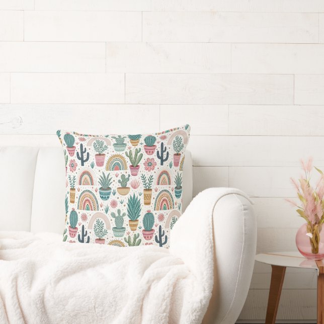 Cactus Pot with Plants, Flowers and Rainbows Throw Pillow (Couch)