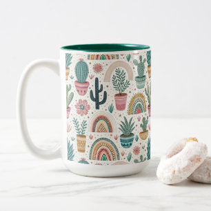 Cactus Pot with Plants, Flowers and Rainbows Two-Tone Coffee Mug