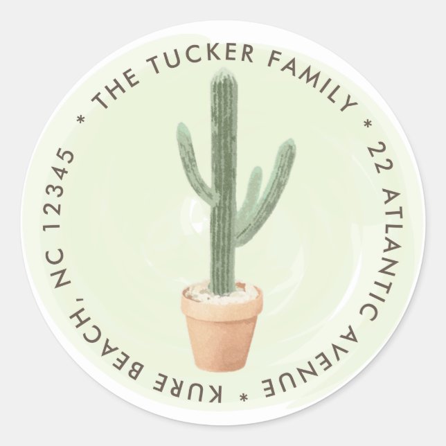 Cactus Potted Plant Round Return Address Label (Front)