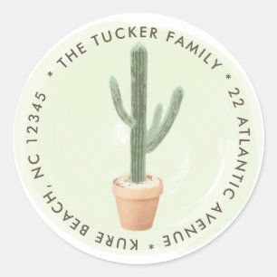 Cactus Potted Plant Round Return Address Label