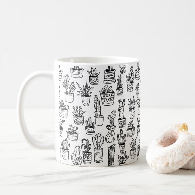 Cactus Potted Plants Cute Pattern Black & White Coffee Mug (With Donut)