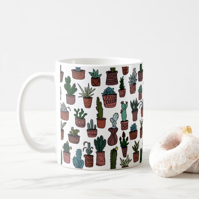 Cactus Potted Plants Cute Pattern Colourful Coffee Mug (With Donut)