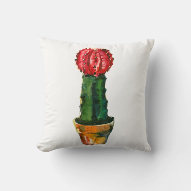 Cactus Red & Green Watercolor Southwestern Boho Throw Pillow (Front)