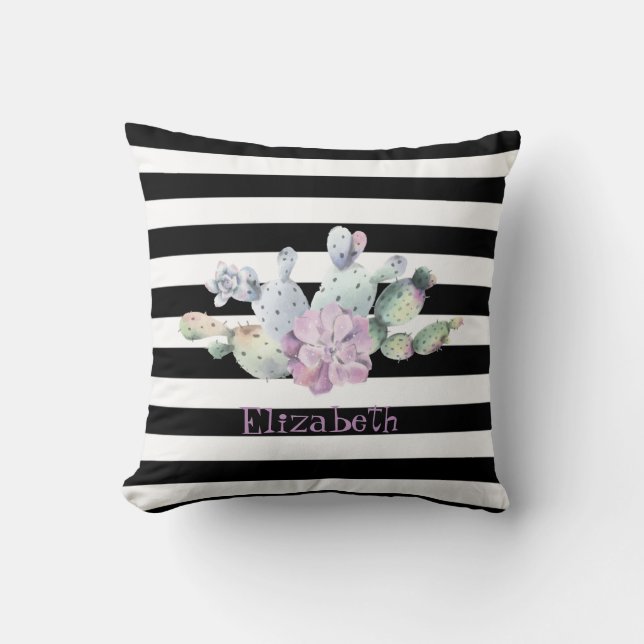 Cactus,Succulent Black White Stripes  Throw Pillow (Front)