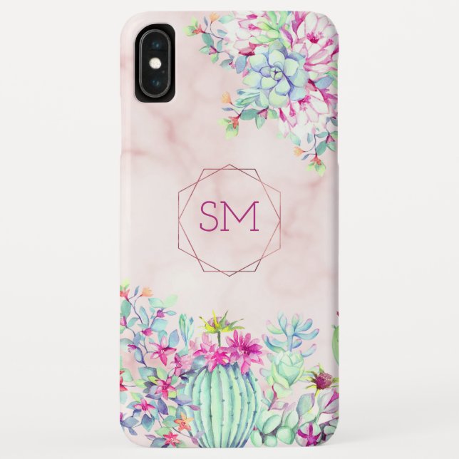Cactus Succulent Blush Marble Geometric Monogram Case-Mate iPhone Case (Back)