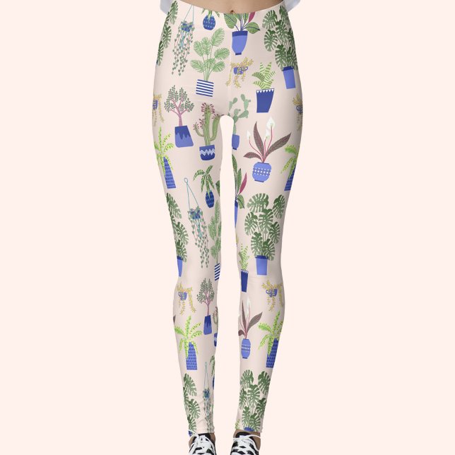 Cactus Succulent Blush Pink Leggings (House plant, cactus and succulent pattern yoga pants leggings)