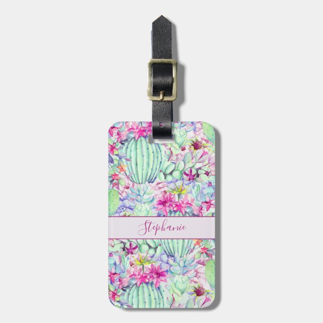 Cactus Succulent Floral Foliage Name Luggage Tag (Front Vertical)