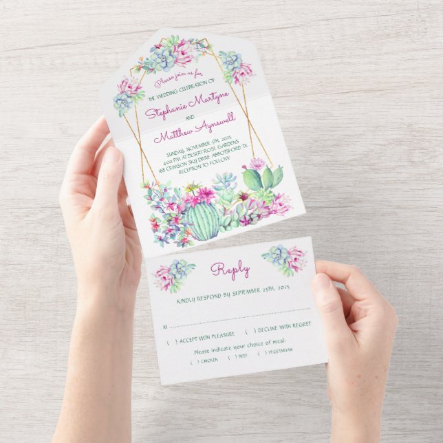 Cactus Succulent Geometric Pink Wedding All In One Invitation (Tearaway)