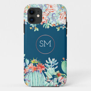 Cactus Succulent Monogram Ocean Blue Monogram iPhone 11 Case