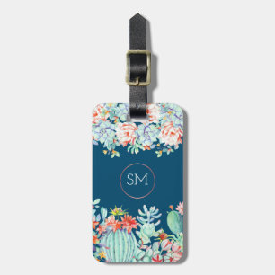 Cactus Succulent Monogram Ocean Blue Personalized Luggage Tag