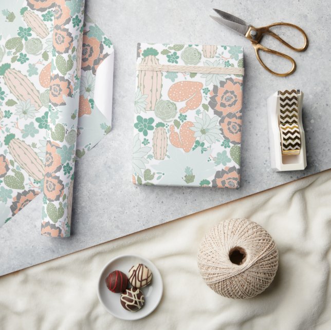 Cactus Succulent Pattern Coral Green Wrapping Paper (Crafts)