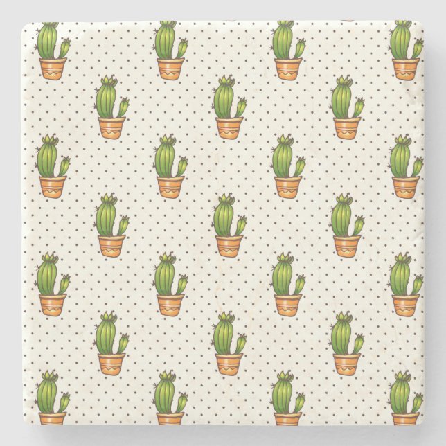 Cactus & Succulent Polk Dot Pattern Stone Coaster (Front)