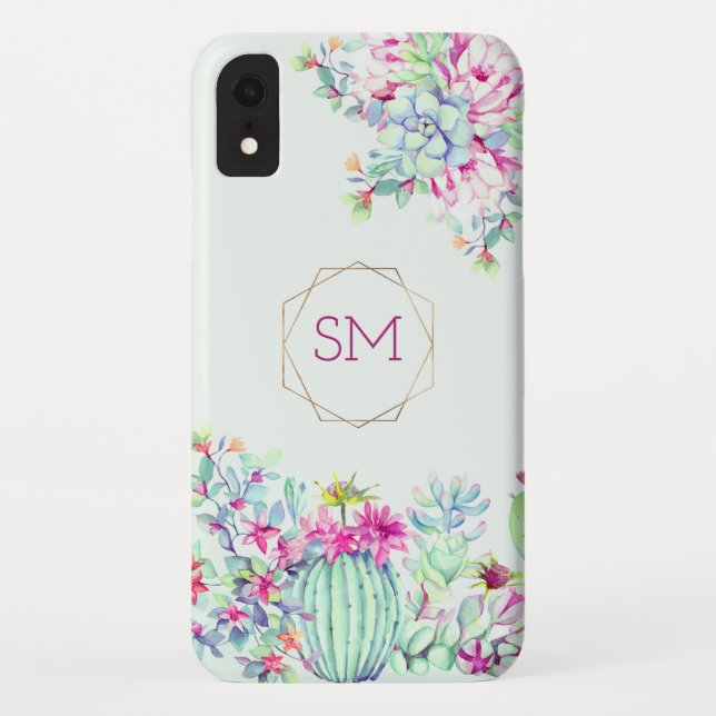 Cactus Succulent Watercolor Geometric Monogram Case-Mate iPhone Case (Back)